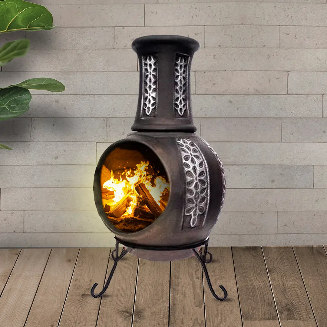 2-pc Floral Black & Silver Chiminea | Best Life Patio